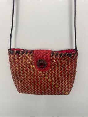 Handwoven Red and Natural Straw Crossbody Bag with Jewel Accent